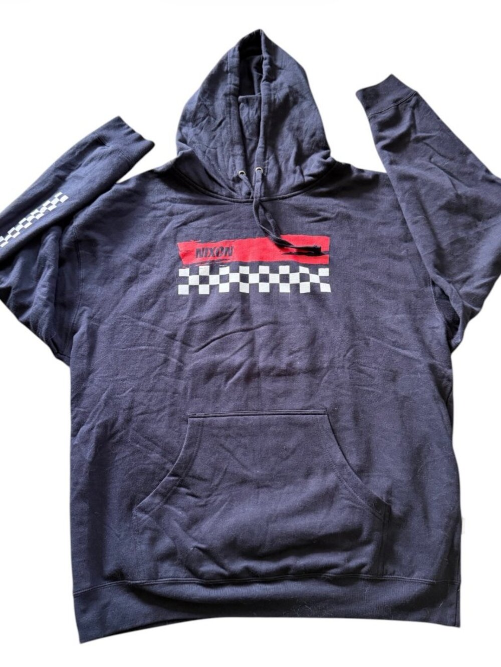 Nixon Hoodie Mens XXL Navy Pullover Checkered Racing Graphic Skate Sweatshirt